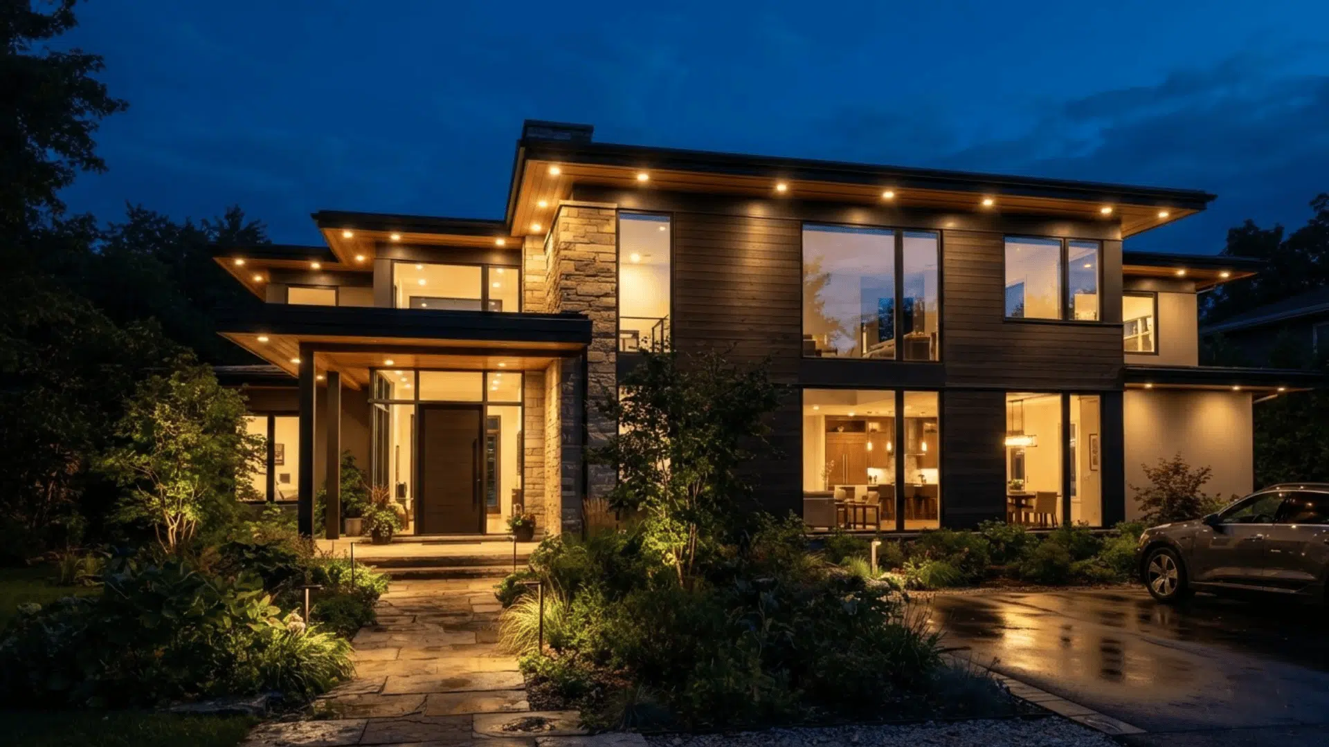 recessed soffit lights creating even warm lighting across a modern house exterior at night