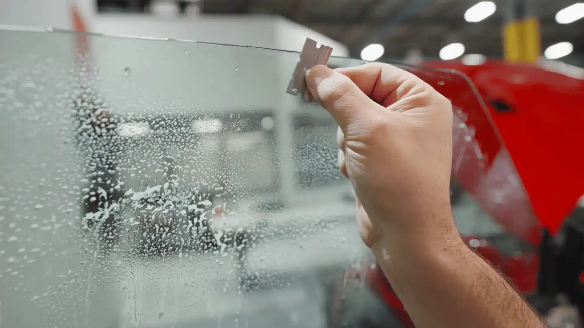 a hand trims the upper edge of a wet car window with a razor blade inside a brightly lit automotive workshop