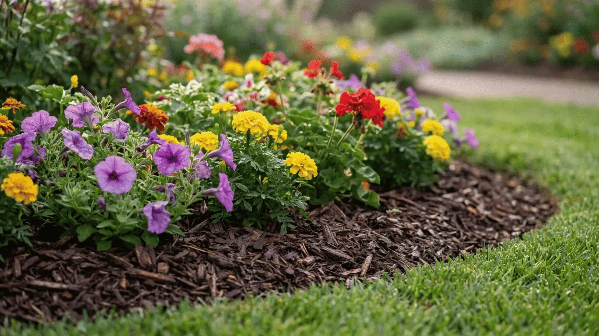 close up photorealistic photo of garden bed with plants mulch and freshly trimmed lawn edge