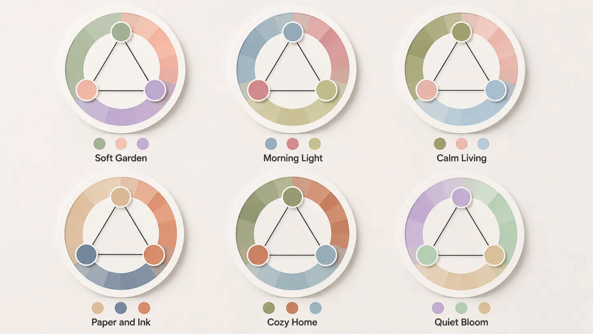 soft triadic color schemes lower the intensity of three hues for calm welcoming layouts