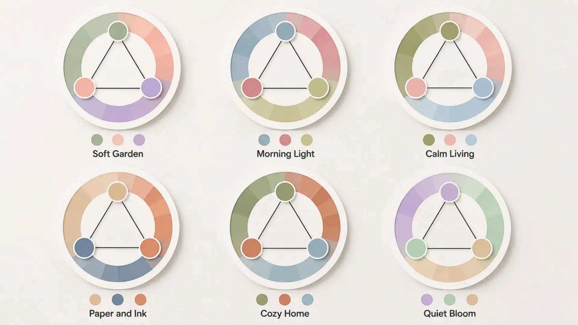 soft triadic color schemes lower the intensity of three hues for calm welcoming layouts