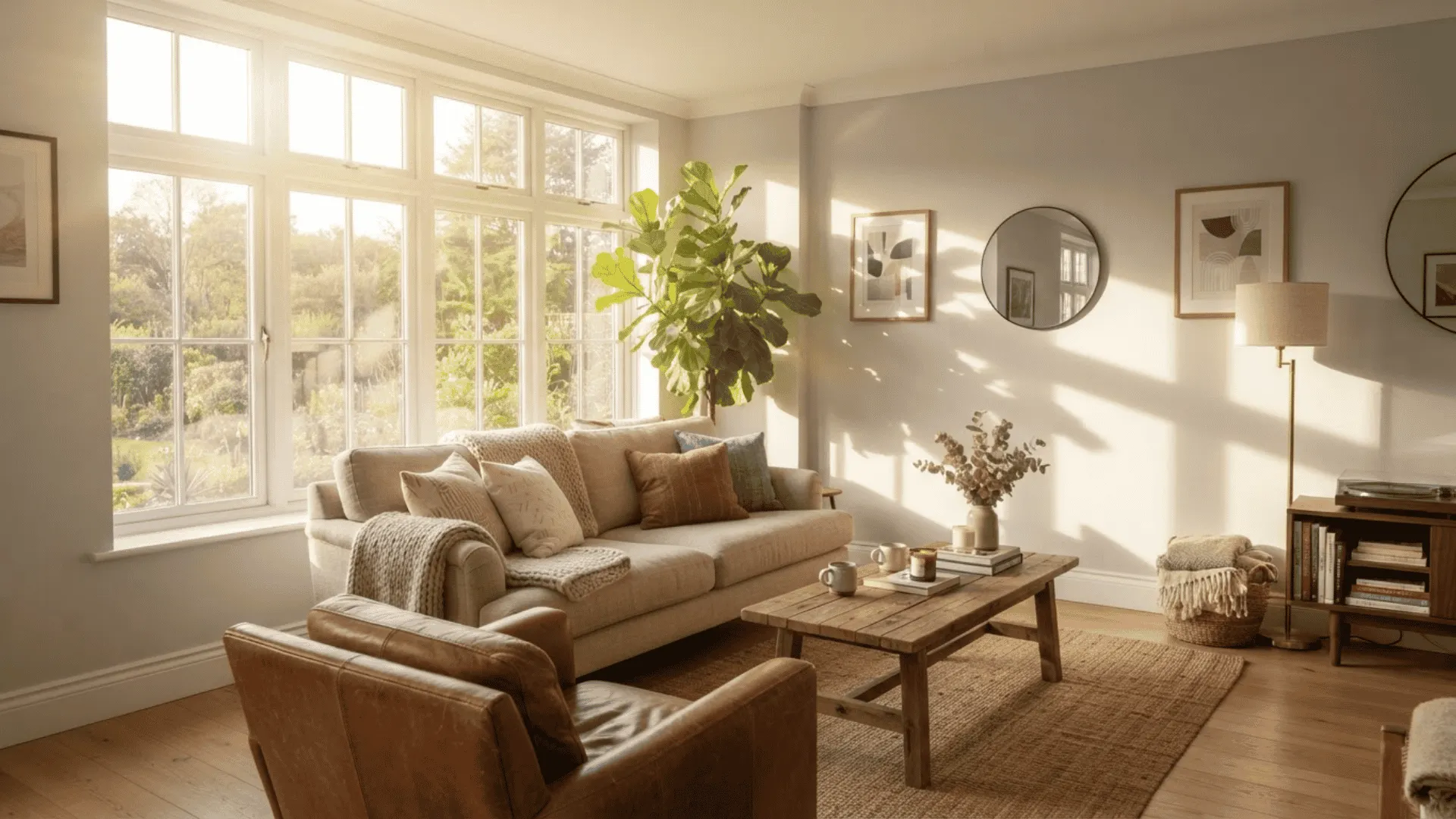 sunlit living room with ice cube walls reading warm neutral gray