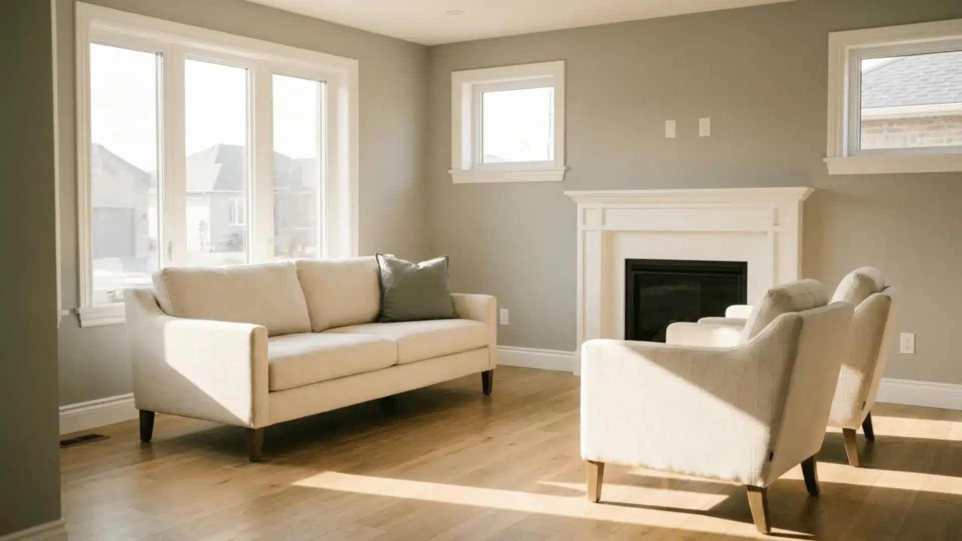 sunlit living room with gray walls a cream sofa two armchairs wood floors and a white fireplace