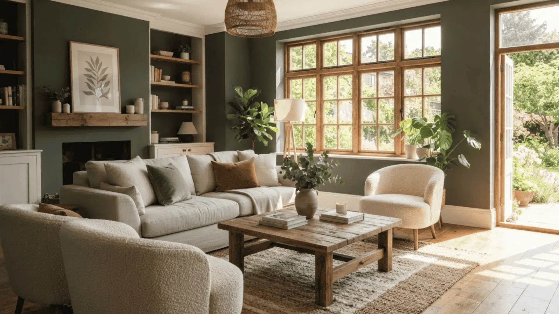 south facing room with mossy green gray walls white trim and warm natural sunlight indoors