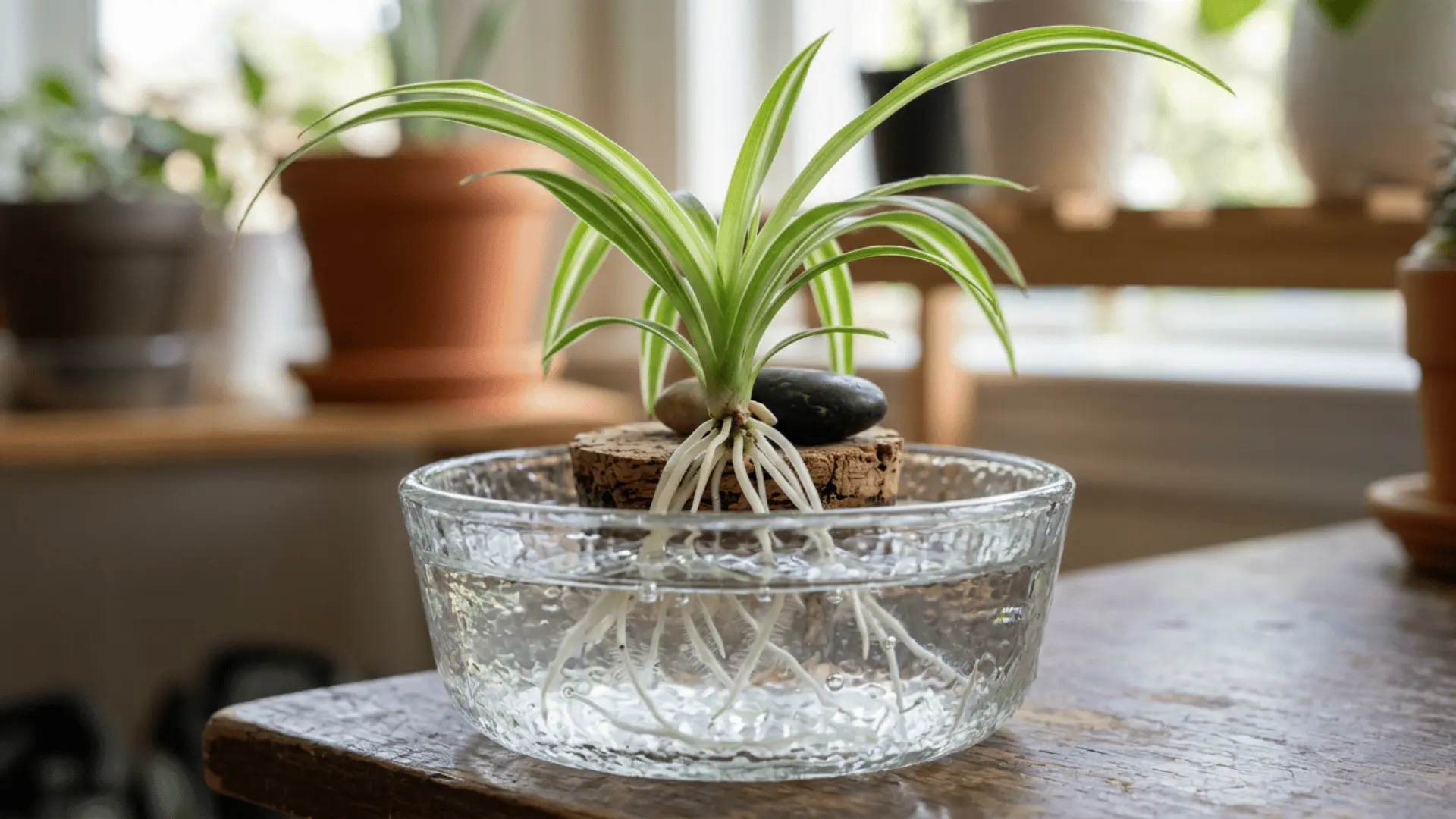 spider plant cutting with white roots suspended in a glass bowl of water on a wooden table near a bright window