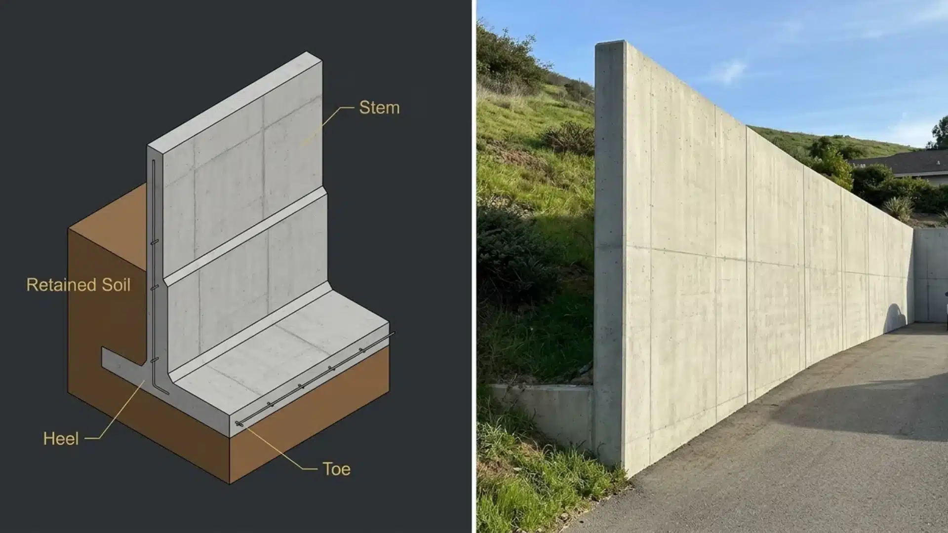 split screen showing a cantilever retaining wall diagram beside a tall poured concrete wall
