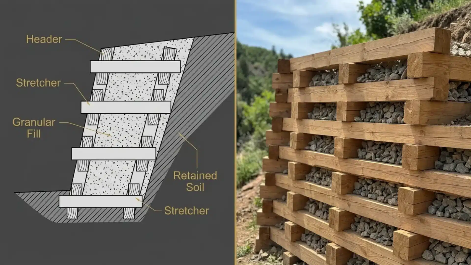 split screen showing a crib retaining wall diagram beside a real interlocking timber wall