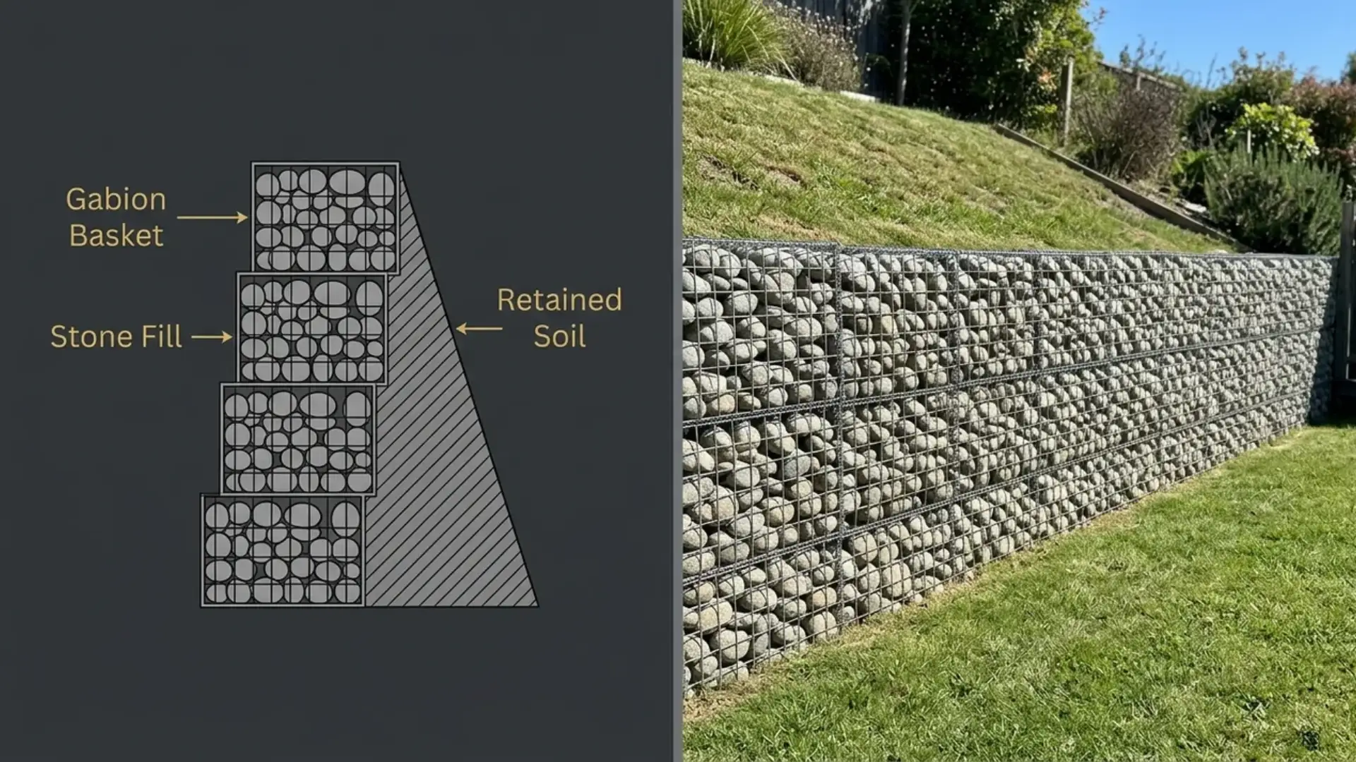 split screen showing a gabion retaining wall diagram beside a real wire basket wall with stone