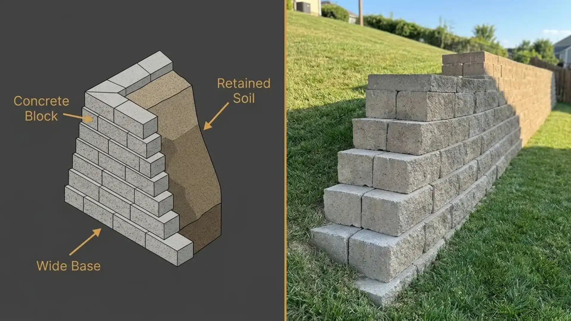split screen showing a gravity retaining wall diagram beside a real concrete block wall on a slope