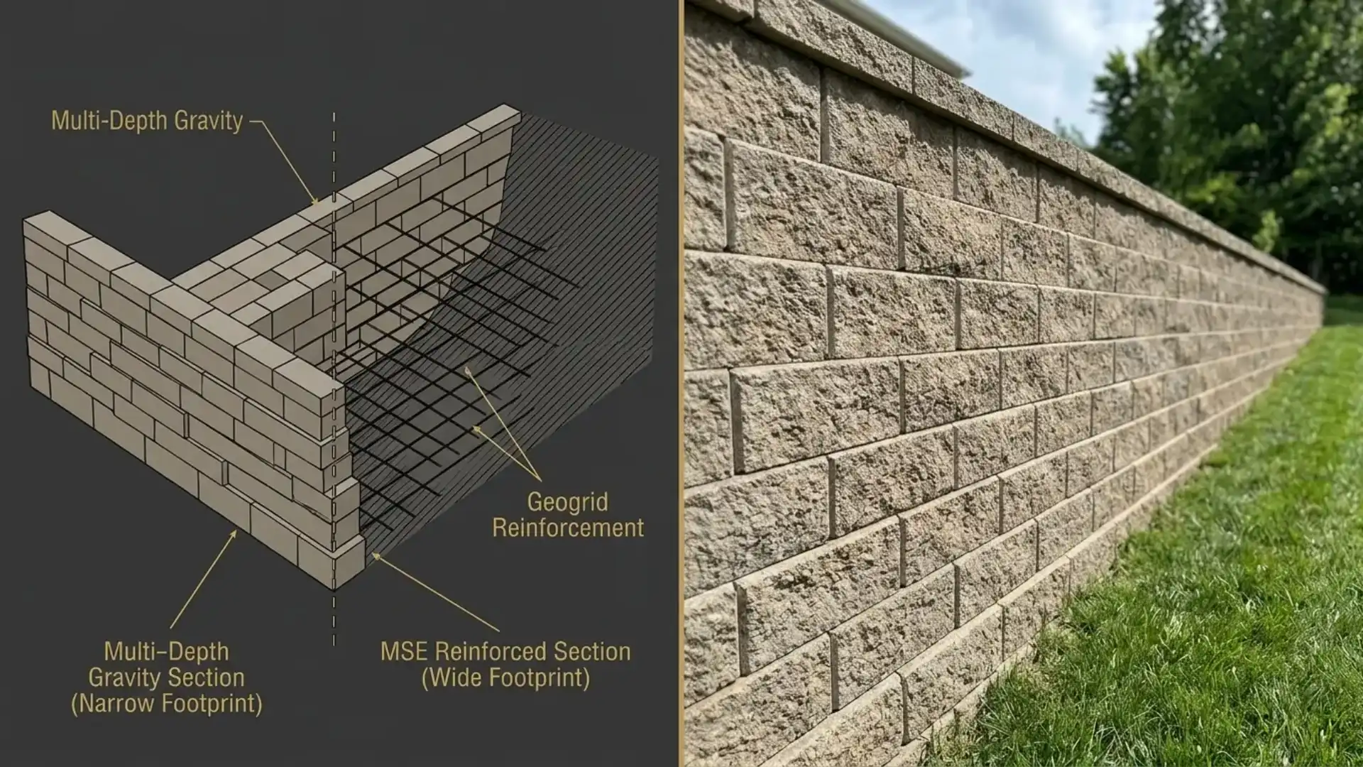split screen showing a hybrid retaining wall diagram beside a real textured block wall