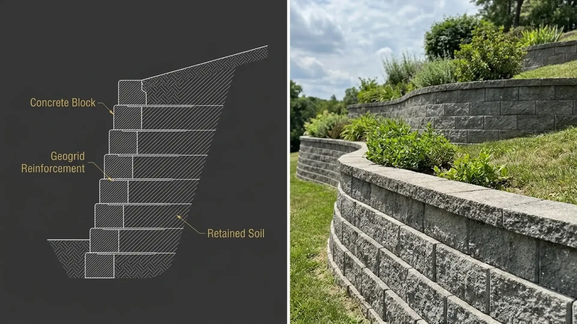 split screen showing a segmental retaining wall diagram beside a curved terraced block wall