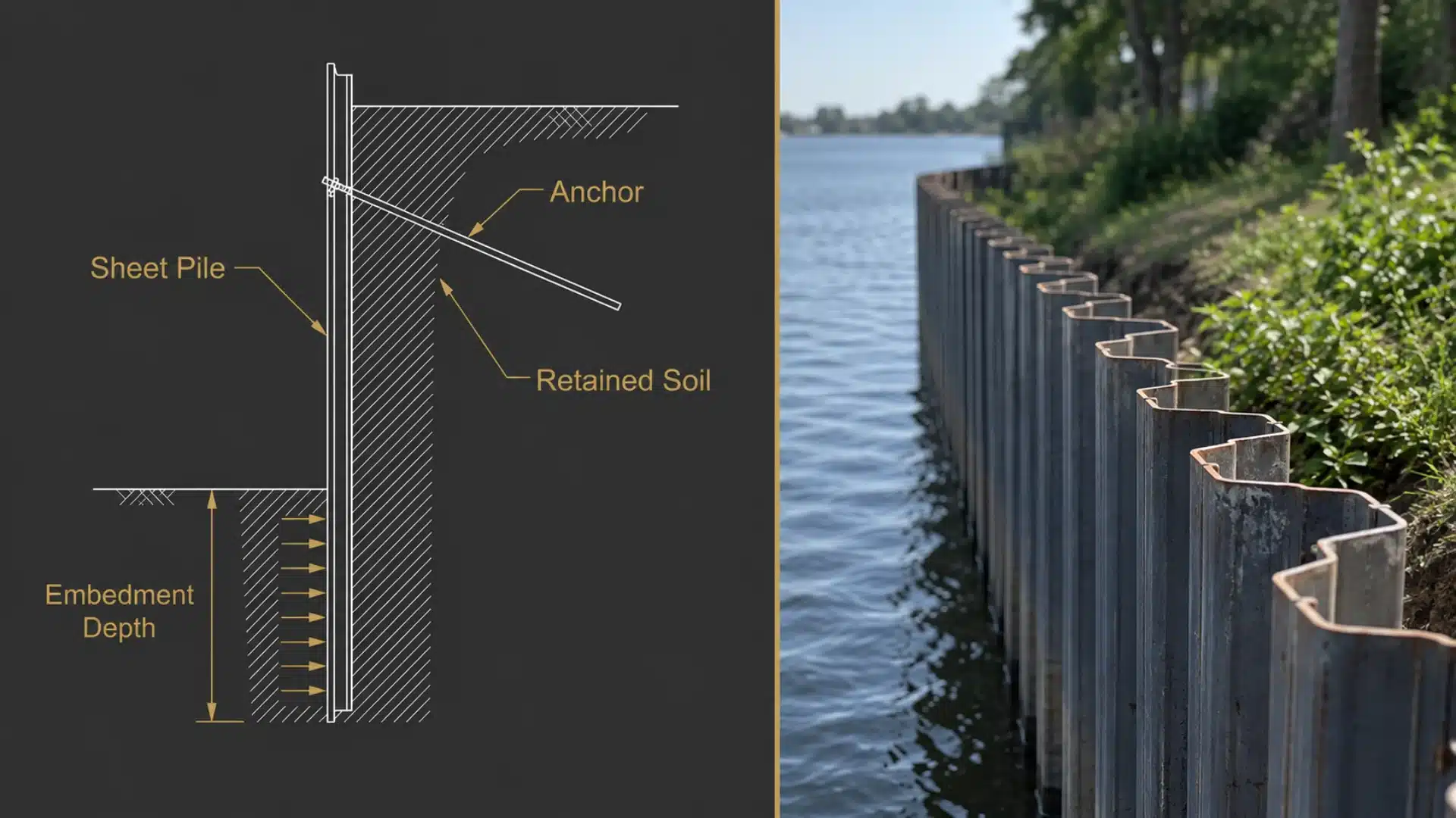 split screen showing a sheet pile retaining wall diagram beside a corrugated steel wall