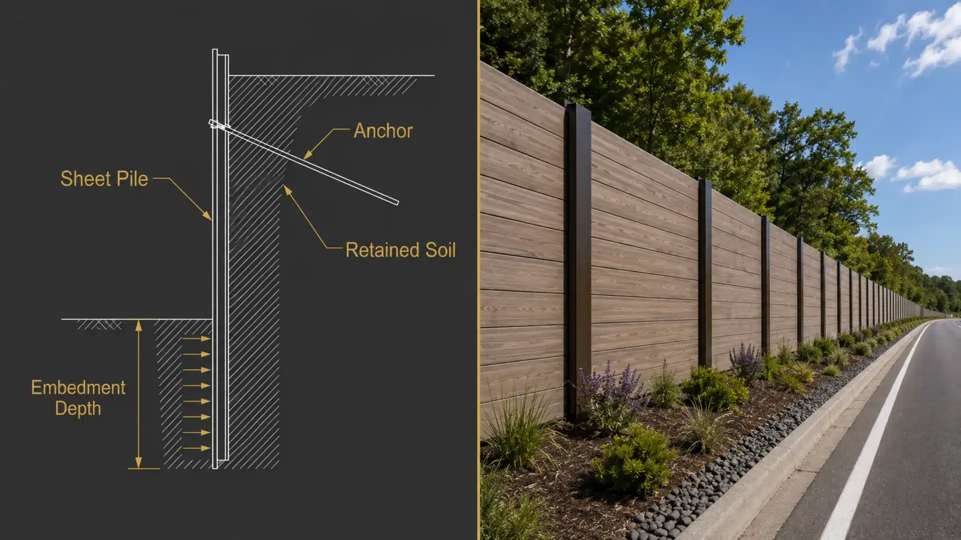 split screen showing a soldier pile retaining wall diagram beside a real wood fence wall