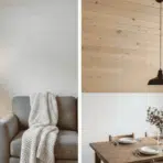 split view showing white shiplap accent wall beside natural tongue and groove wood ceiling in bright rooms