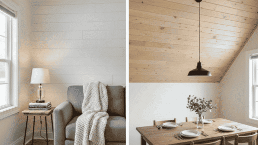 split view showing white shiplap accent wall beside natural tongue and groove wood ceiling in bright rooms