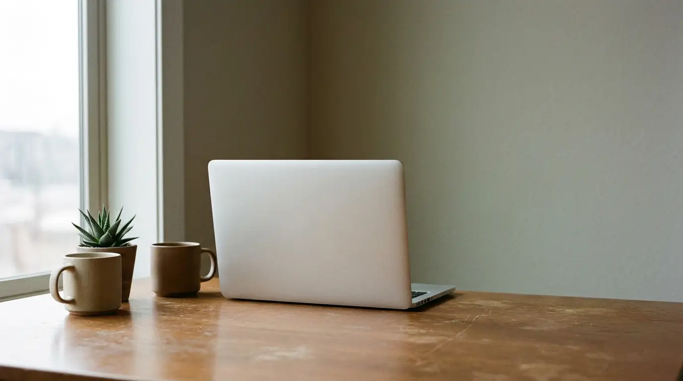 Laptop and two mugs on wooden desk beside window in a minimalist setting