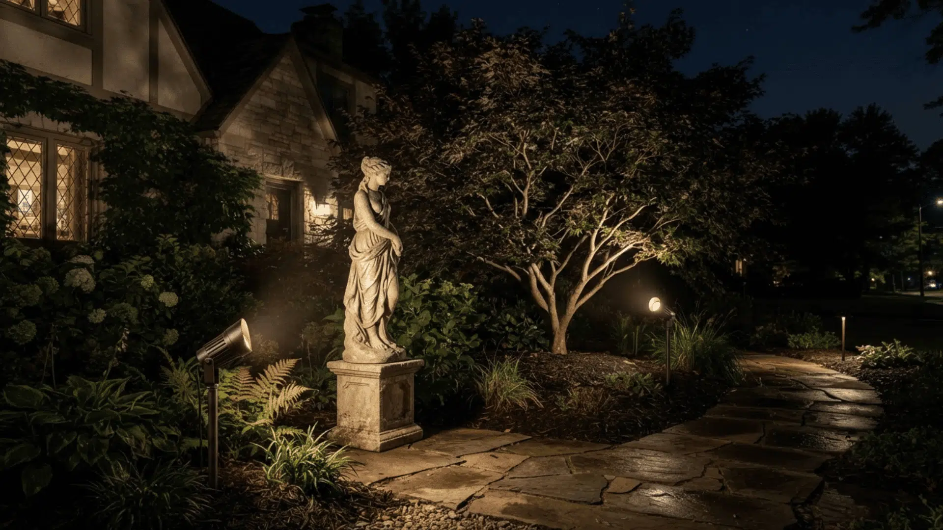 silhouette lighting creating dark plant outlines against a softly lit garden wall at night