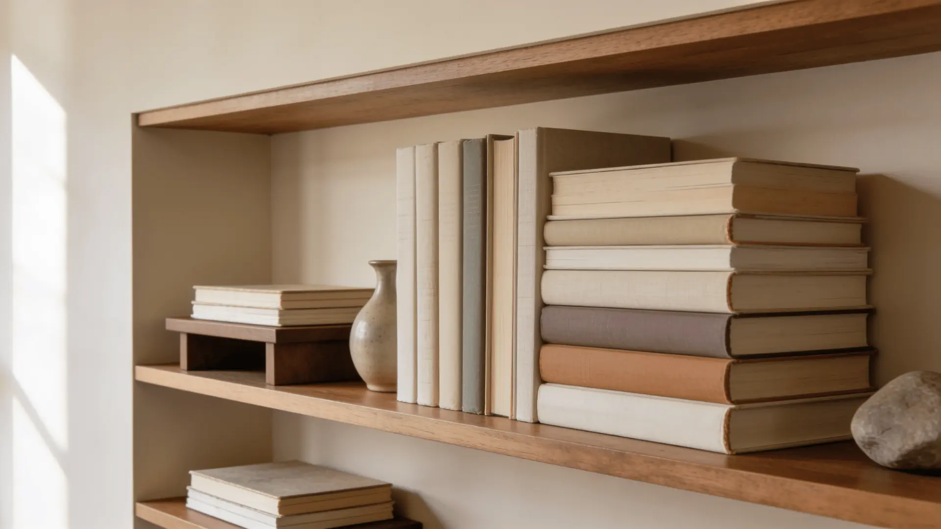 hardcover books turned spine in and spine out on styled shelves
