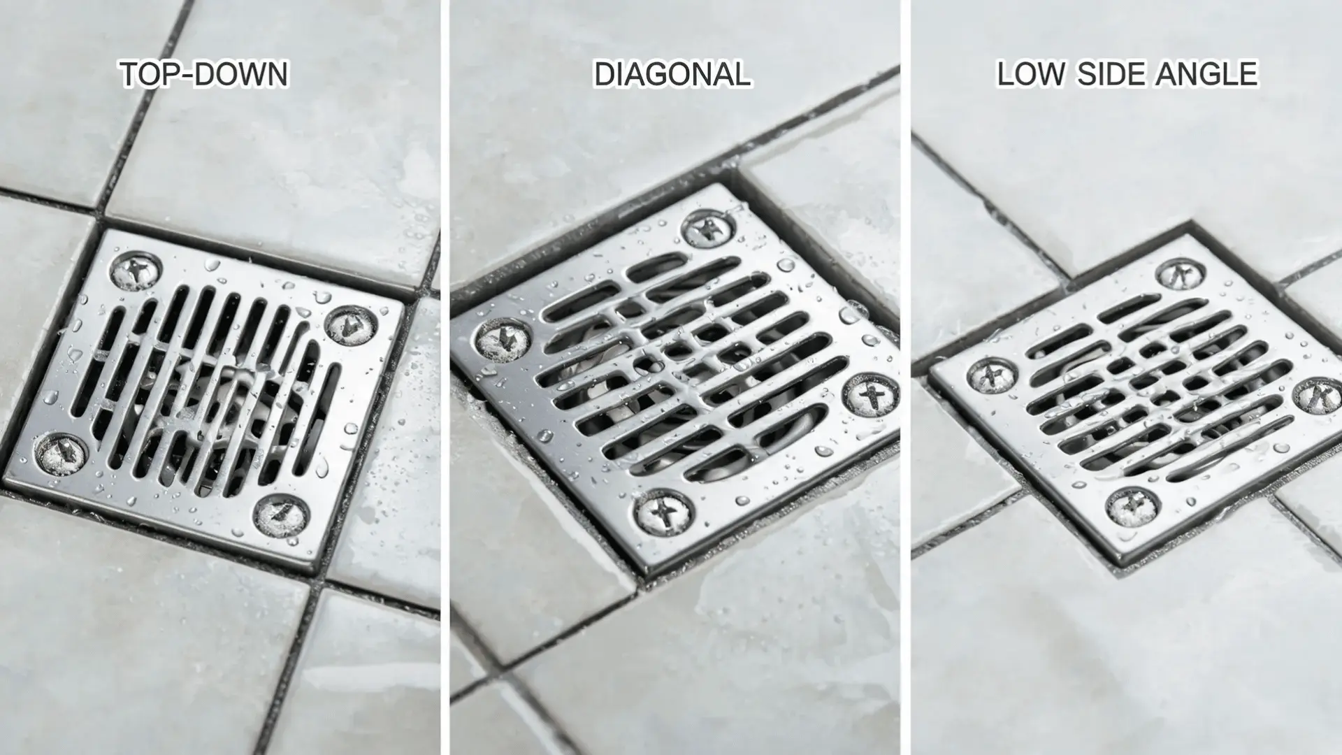 metal shower drain grate with visible screws set into a tiled shower floor