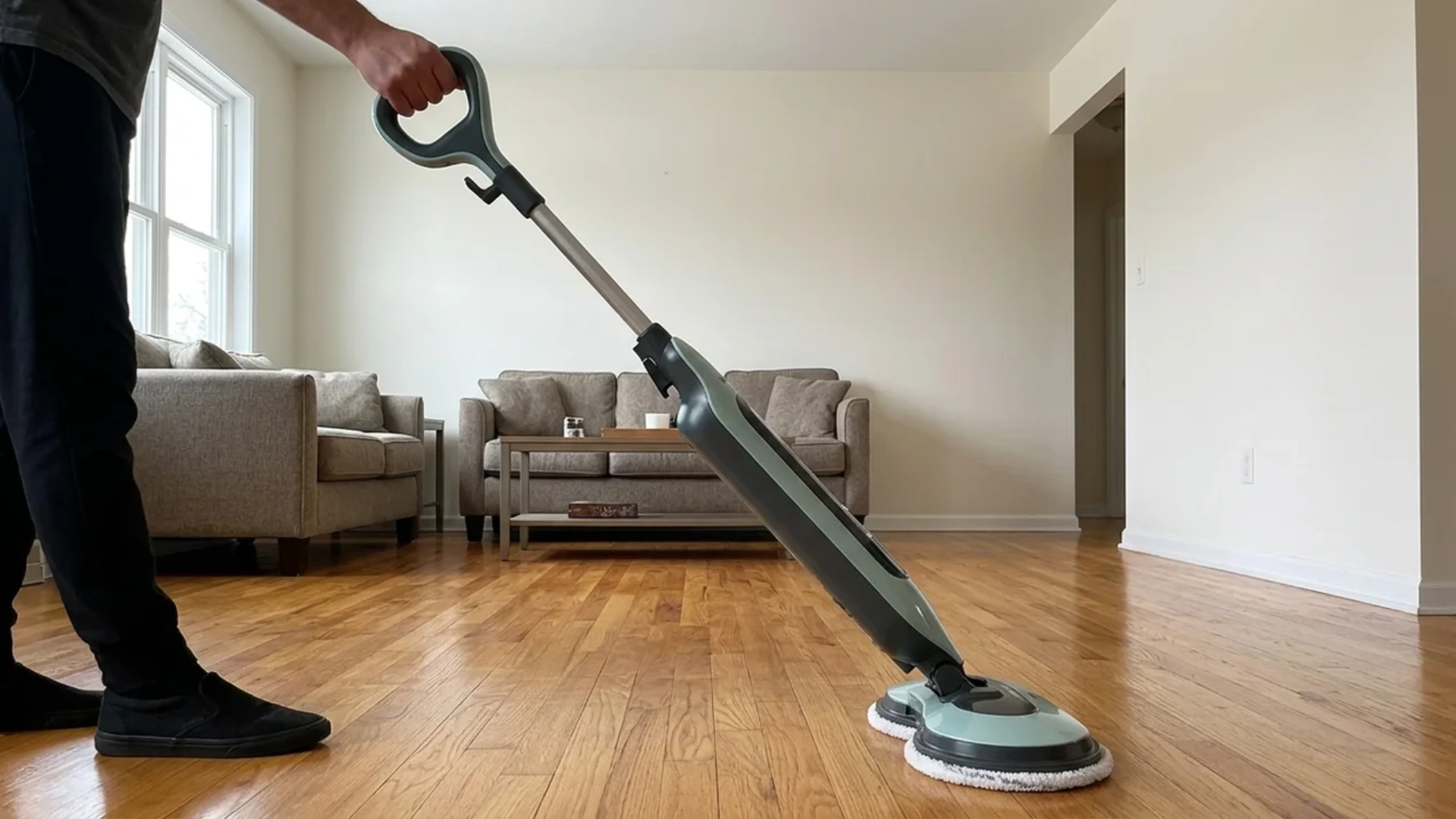 a man mopping a hardwood floor with a green and grey steam mop in a bright living room