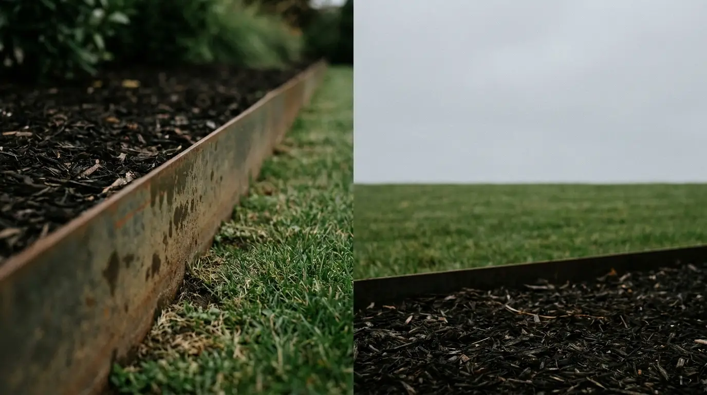 Side-by-side view of metal garden edging with mulch and grass in overcast outdoor setting