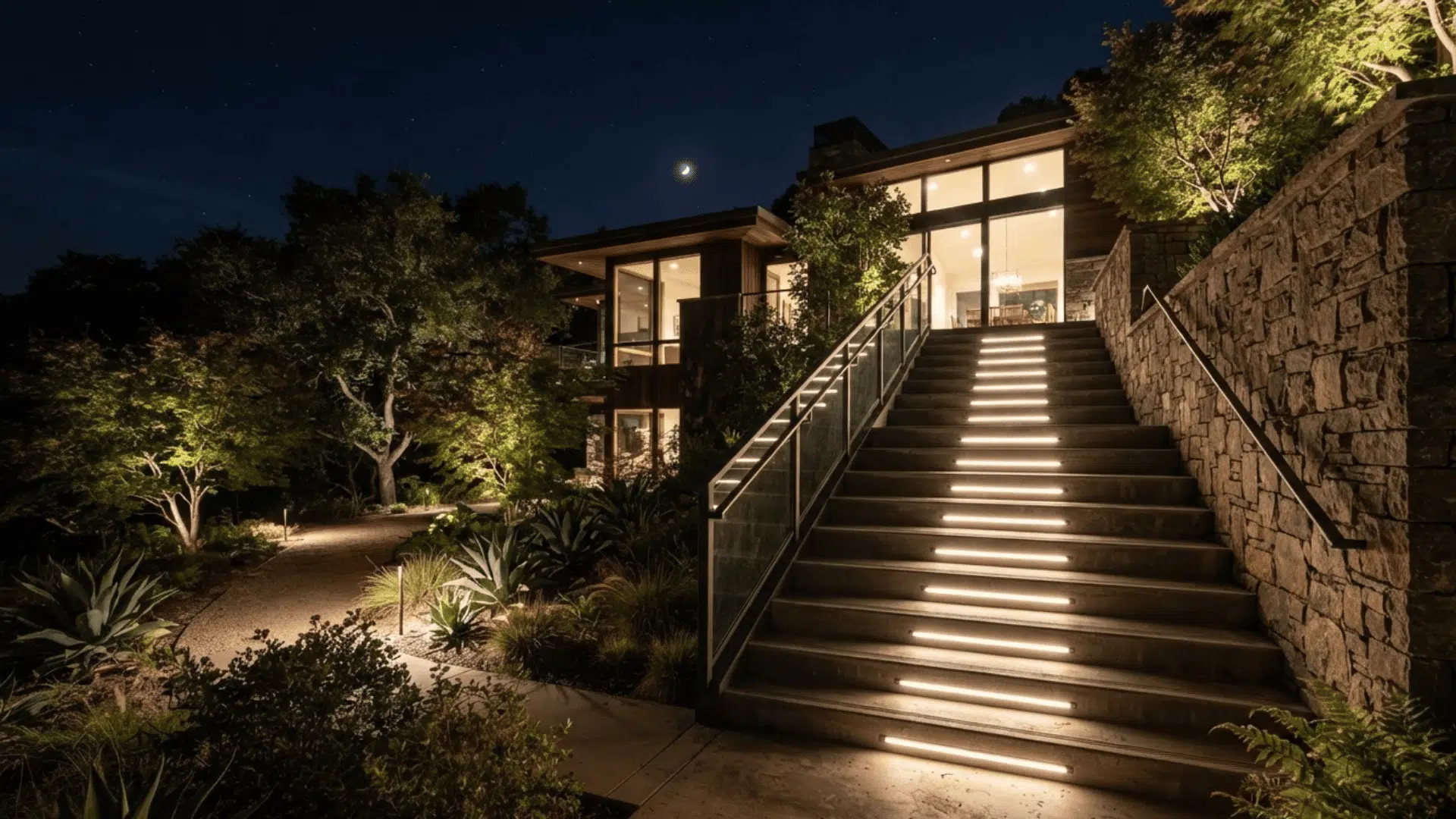 recessed step lights illuminating deck stair edges beside a modern home for safer movement