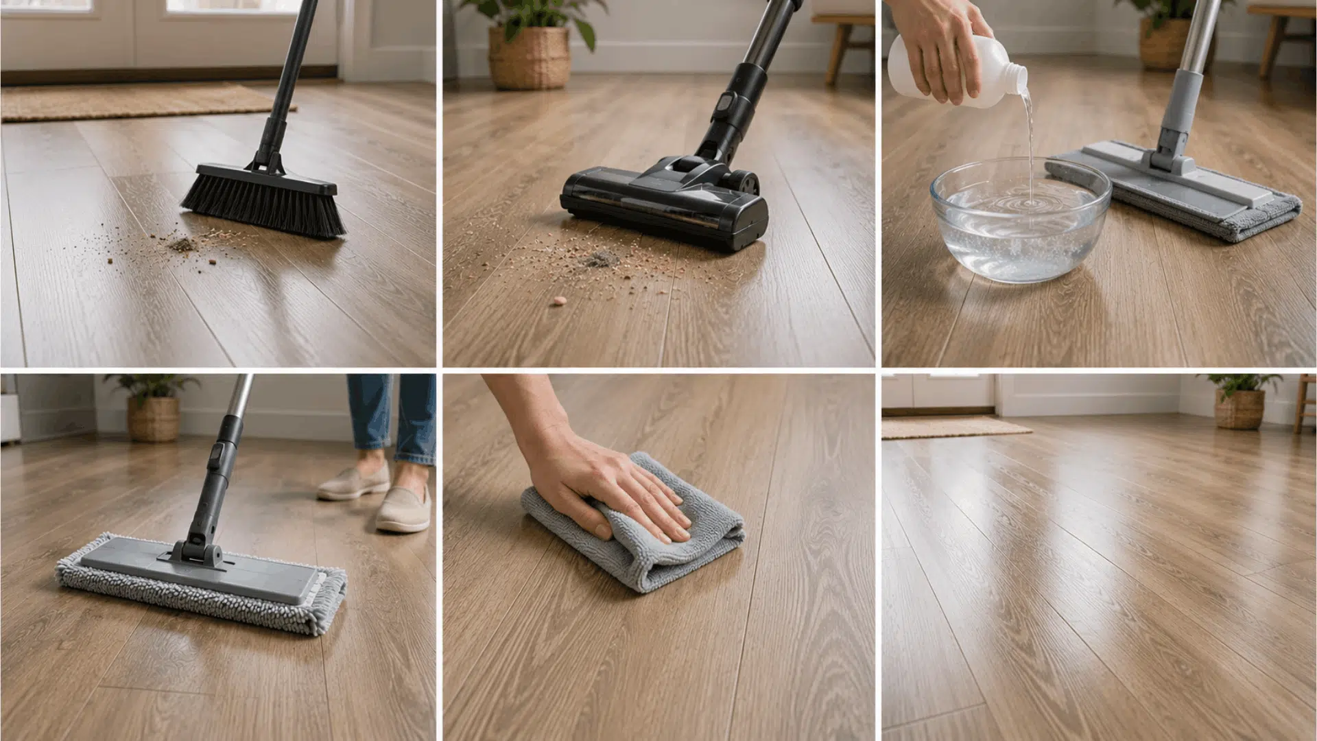 step by step luxury vinyl floor cleaning process showing sweeping vacuuming mopping spot cleaning and polished results