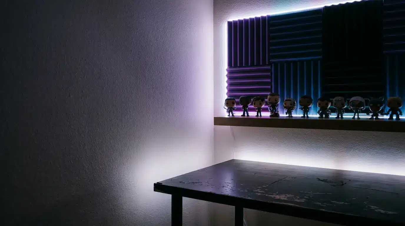 Collection of toy figures on a wooden shelf with LED lighting in a dim room