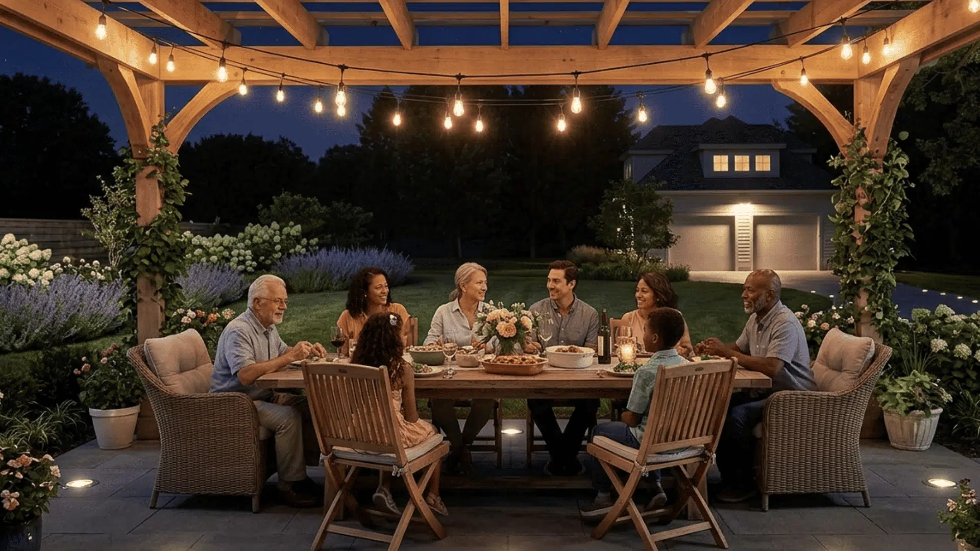 warm string lights hanging above a cozy patio dining area during family evening gatherings