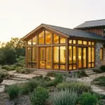 rustic home with warmly lit sunroom addition surrounded by garden at golden hour