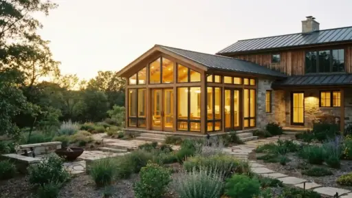rustic home with warmly lit sunroom addition surrounded by garden at golden hour