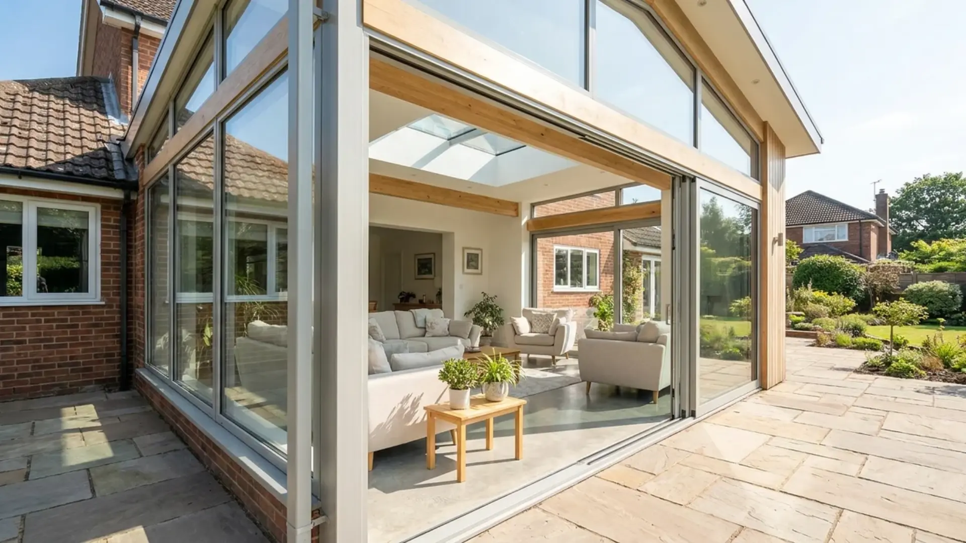modern sunroom addition with large glass windows connected to a home, filled with natural light and comfortable seating