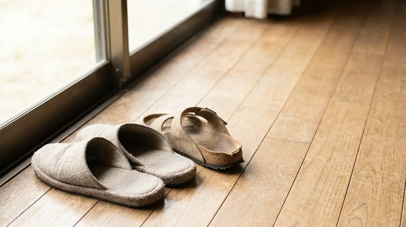 Two pairs of slippers on wooden floor near a glass door in soft natural light