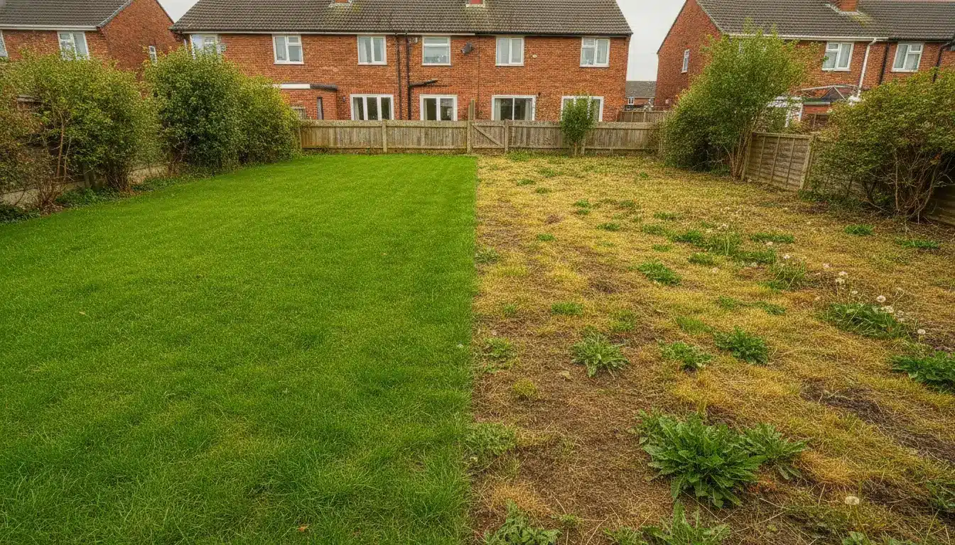 Green and dry grass contrast in suburban backyard with red brick houses in the background