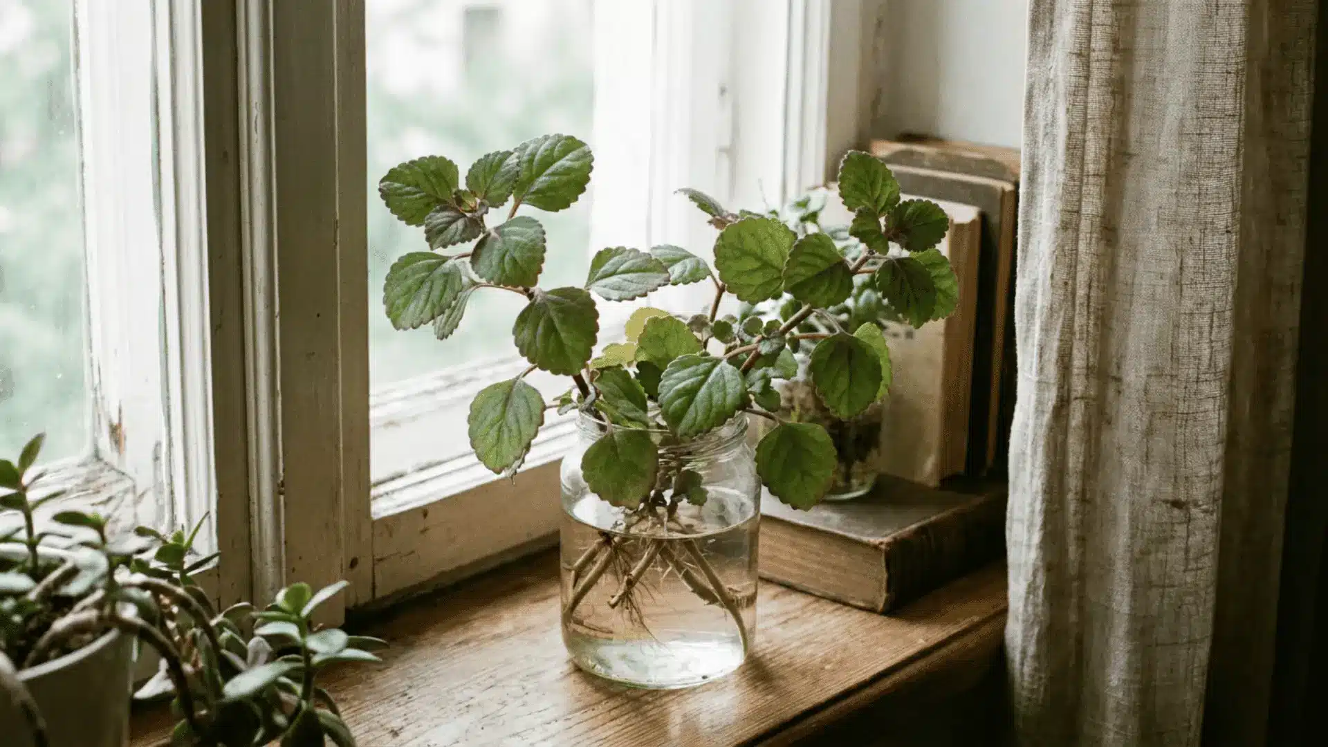green leafy cuttings with rounded textured leaves growing roots in a glass jar beside books on a wooden windowsill