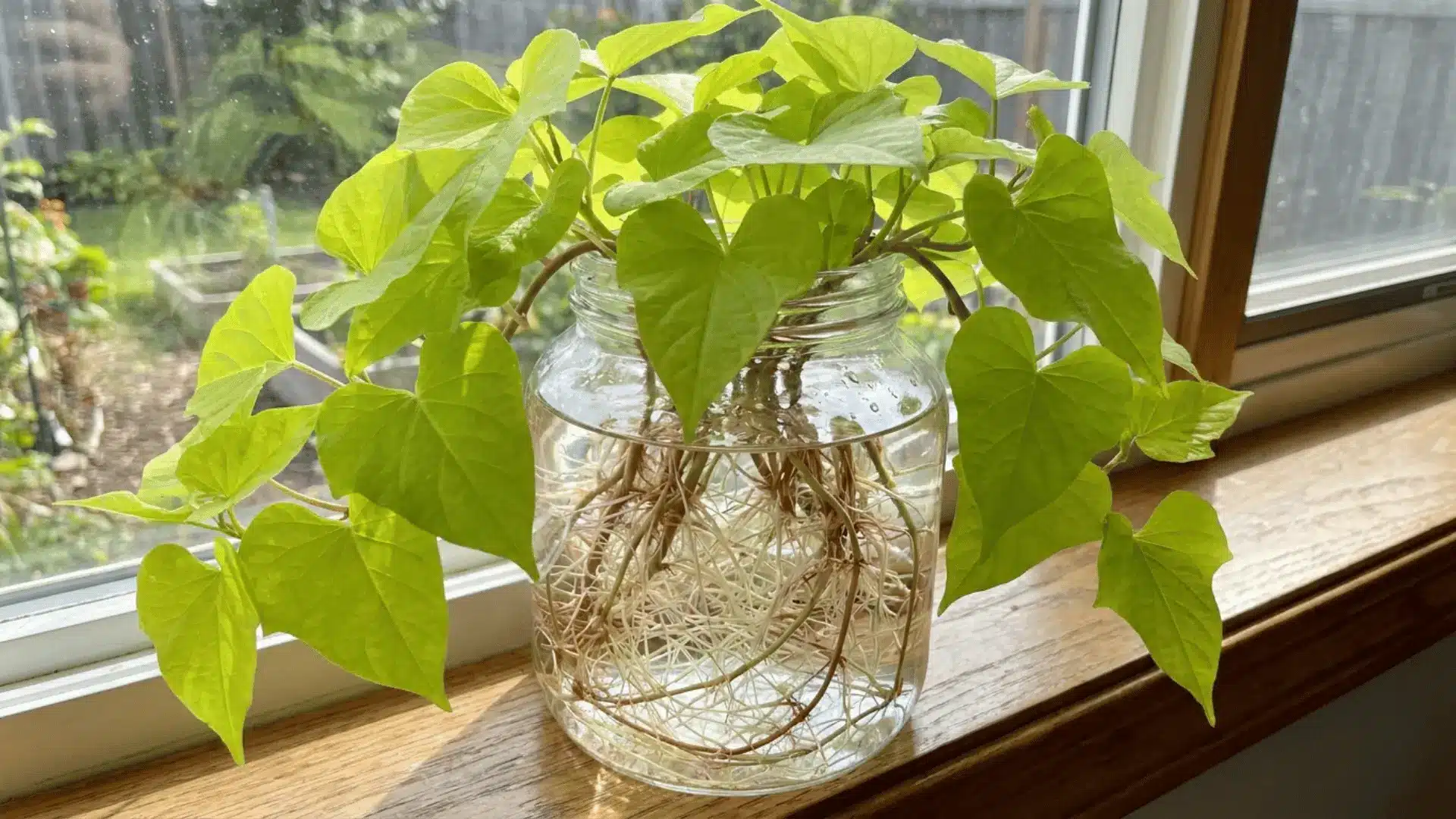 bright green sweet potato vine cuttings with dense tangled roots growing in a clear glass jar on a sunny wooden windowsill