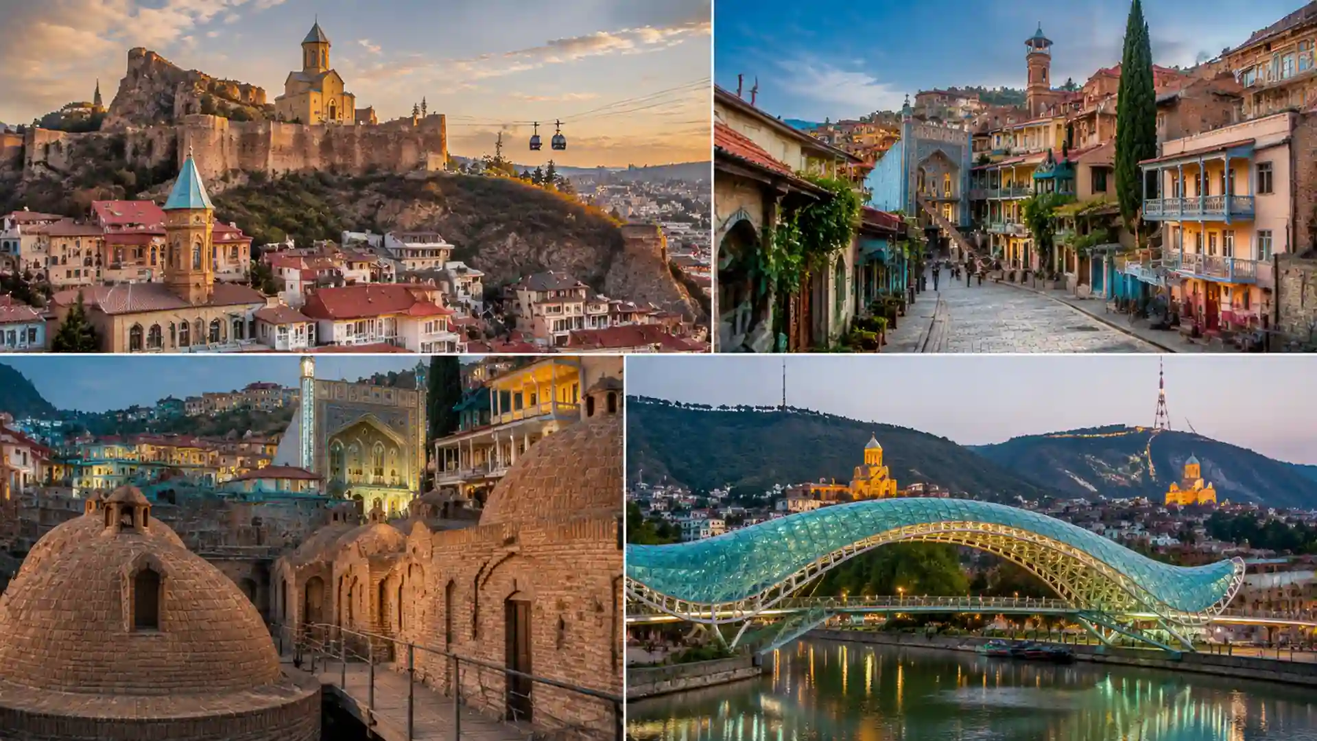 tbilisi collage showing narikala fortress, old town streets, sulfur baths and bridge of peace views