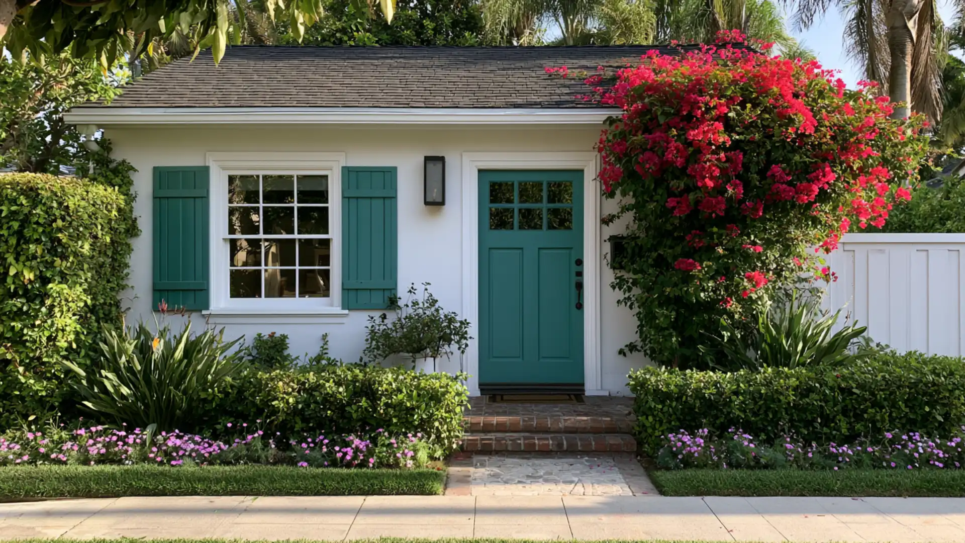teal front door on coastal eclectic style house exterior with natural daylight