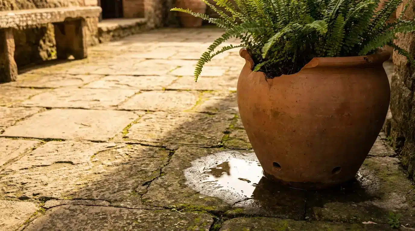 Terracotta pot with green fern on stone patio under warm sunlight