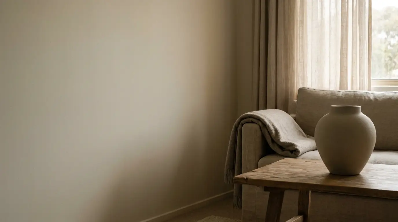 Neutral-toned living room with beige sofa, wooden table, and ceramic vase near window with curtains
