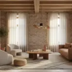 Modern living room with beige furniture, wooden coffee table, and large potted plants by brick walls