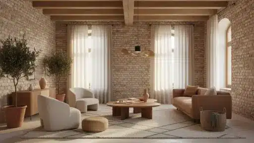 Modern living room with beige furniture, wooden coffee table, and large potted plants by brick walls