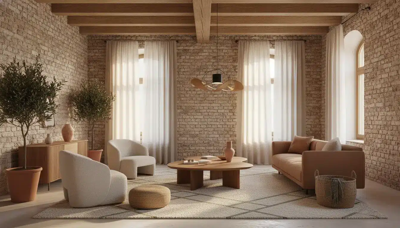 Modern living room with beige furniture, wooden coffee table, and large potted plants by brick walls