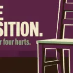 Stylized wooden chair on purple background with bold graphic text overlay