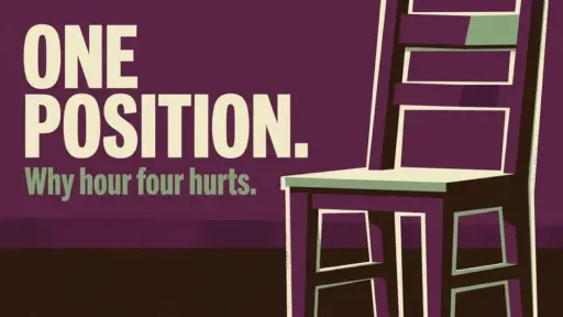 Stylized wooden chair on purple background with bold graphic text overlay