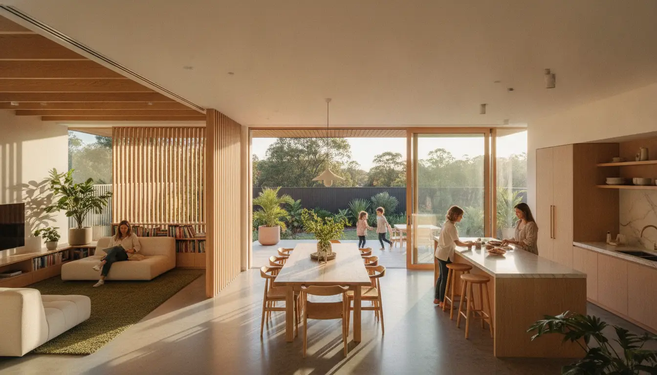 Modern open-plan kitchen and living area with sunlight, large windows, and two people at the counter