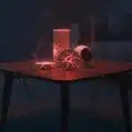Smart home devices emitting red smoke on wooden table in dimly lit living room