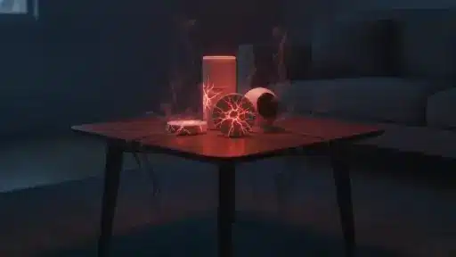 Smart home devices emitting red smoke on wooden table in dimly lit living room