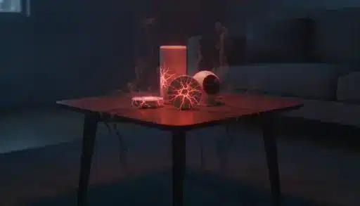 Smart home devices emitting red smoke on wooden table in dimly lit living room