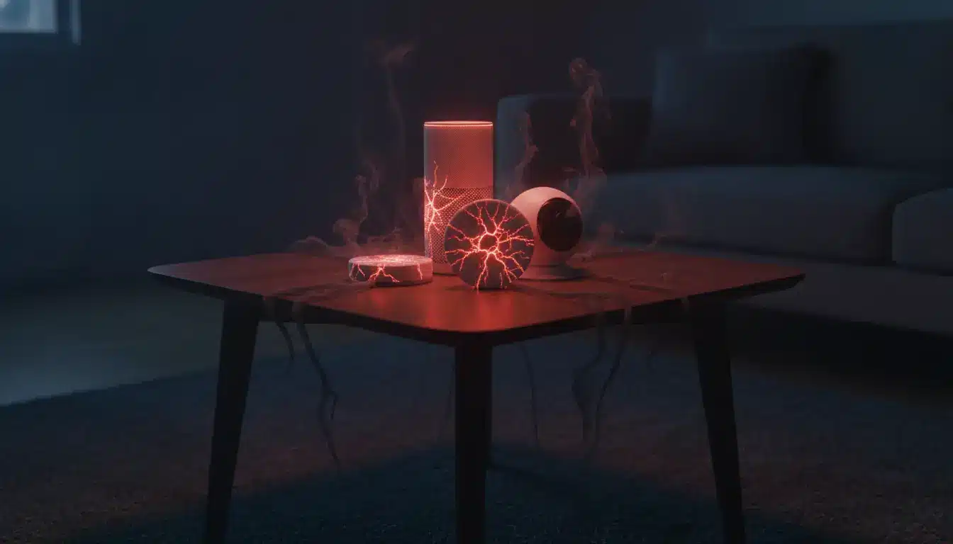 Smart home devices emitting red smoke on wooden table in dimly lit living room